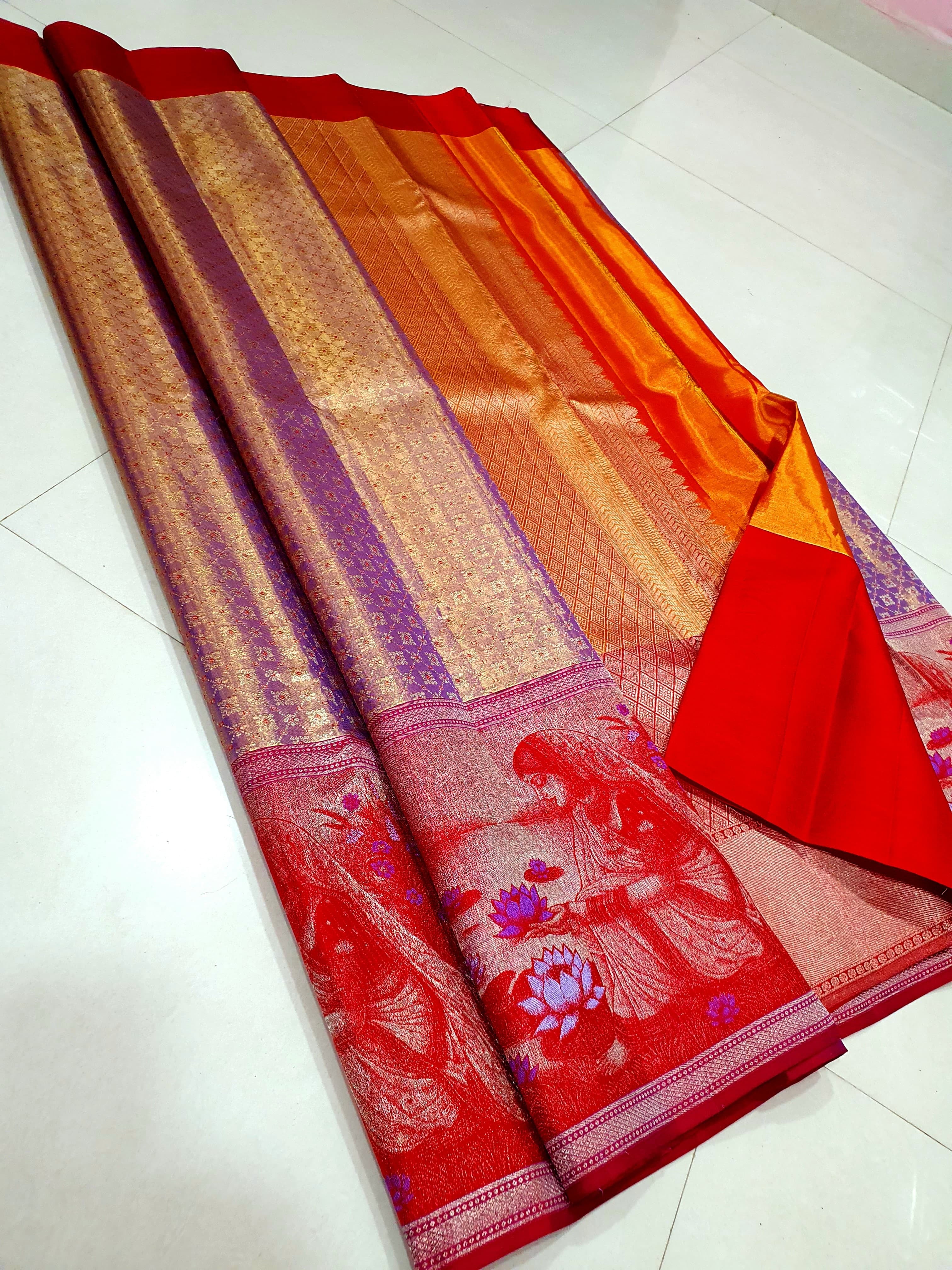 Shimmer Lavender & Red 4D designed Bridal Elegance Kanchipuram Handloom Silk Saree SS24776