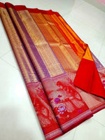 Load image into Gallery viewer, Shimmer Lavender &amp; Red 4D designed Bridal Elegance Kanchipuram Handloom Silk Saree SS24776
