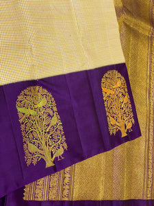 Classic Butter Cream & Violet Meena Butta Kanchipuram Handloom Silk Saree SS26324