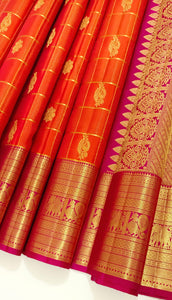 Classic Orange & Rani Pink 2gm Zari Vaira Oosi Elegance Kanchipuram Handloom Silk Saree SS25268