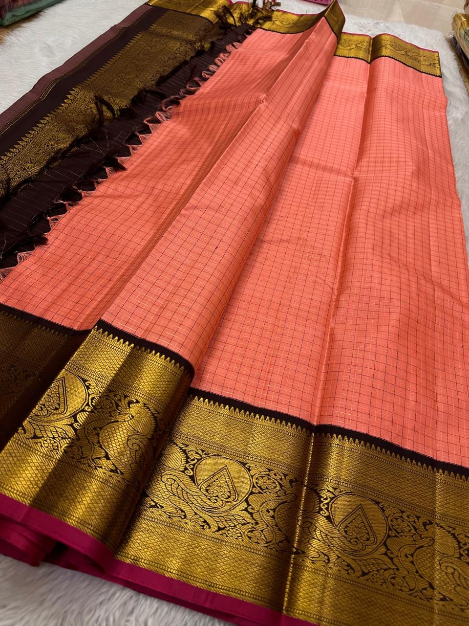 Classic Pastel Rose & Espresso Brown 2gm Zari Elegance Kanchipuram Handloom Silk Saree SS23739