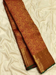Classic Burnt Orange & Green 2gm Zari Kanchipuram Handloom Silk Saree SS25611