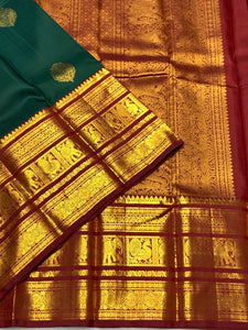 Classic Bottle Green & Brick Red 2gm Zari Bridal Elegance Kanchipuram Handloom Silk Saree SS25277