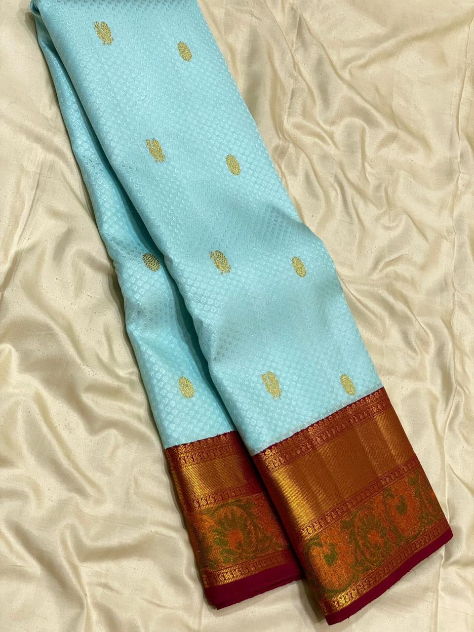 Classic Sky Blue & Barn Red 2gm Zari Meena Border Kanchipuram Handloom Silk Saree SS25594