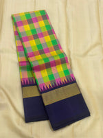 Load image into Gallery viewer, Classic Multi Lime Checker &amp; Navy Blue Elegance Kanchipuram Handloom Silk Saree SS27827
