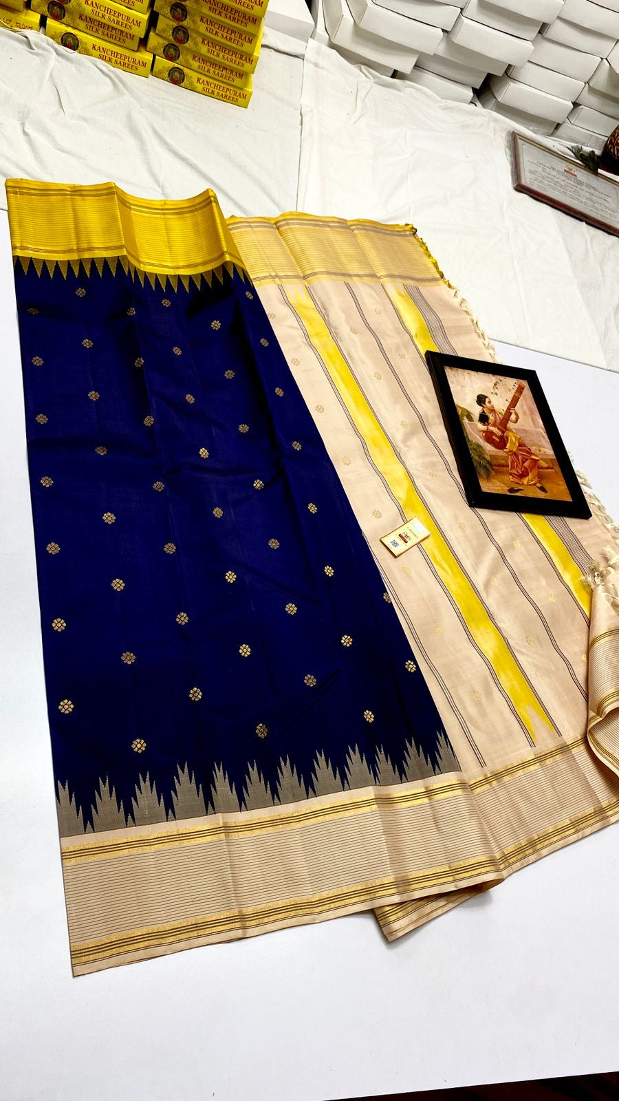 Classic Royal Blue Cream & Yellow Kanchipuram Handloom Silk Saree SS26263