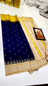 Classic Royal Blue Cream & Yellow Kanchipuram Handloom Silk Saree SS26263