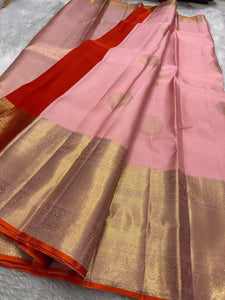 Classic Pastel Pink & Chilly Red 2gm Zari Bridal Elegance Kanchipuram Handloom Silk Saree SS26271