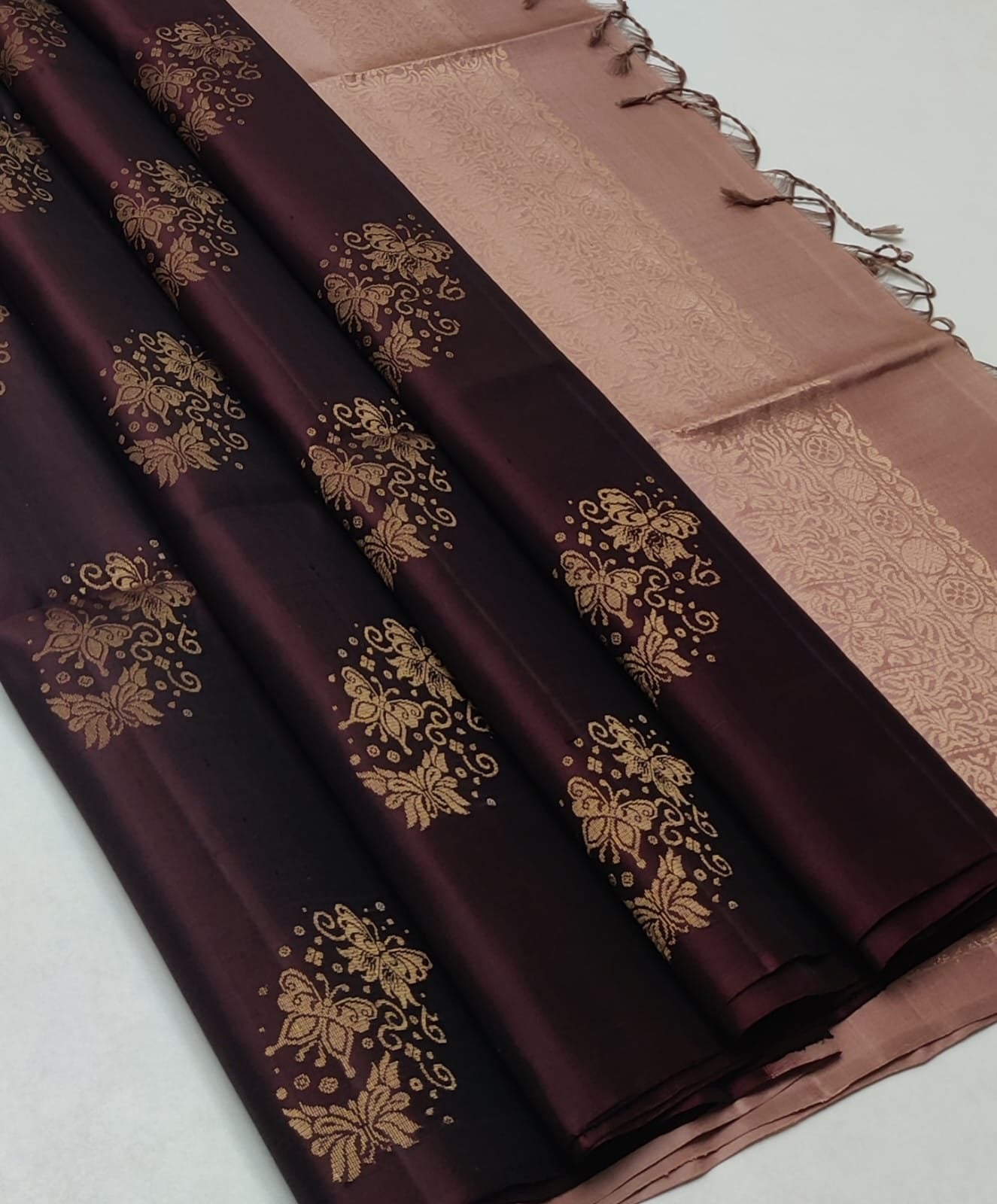 Classic Espresso Brown & Nude Pink Handloom Soft Silk Saree SS22999