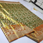 Load image into Gallery viewer, Classic Olive Green &amp; Shimmer Orange Elegance Kanchipuram Handloom Silk Saree SS28085
