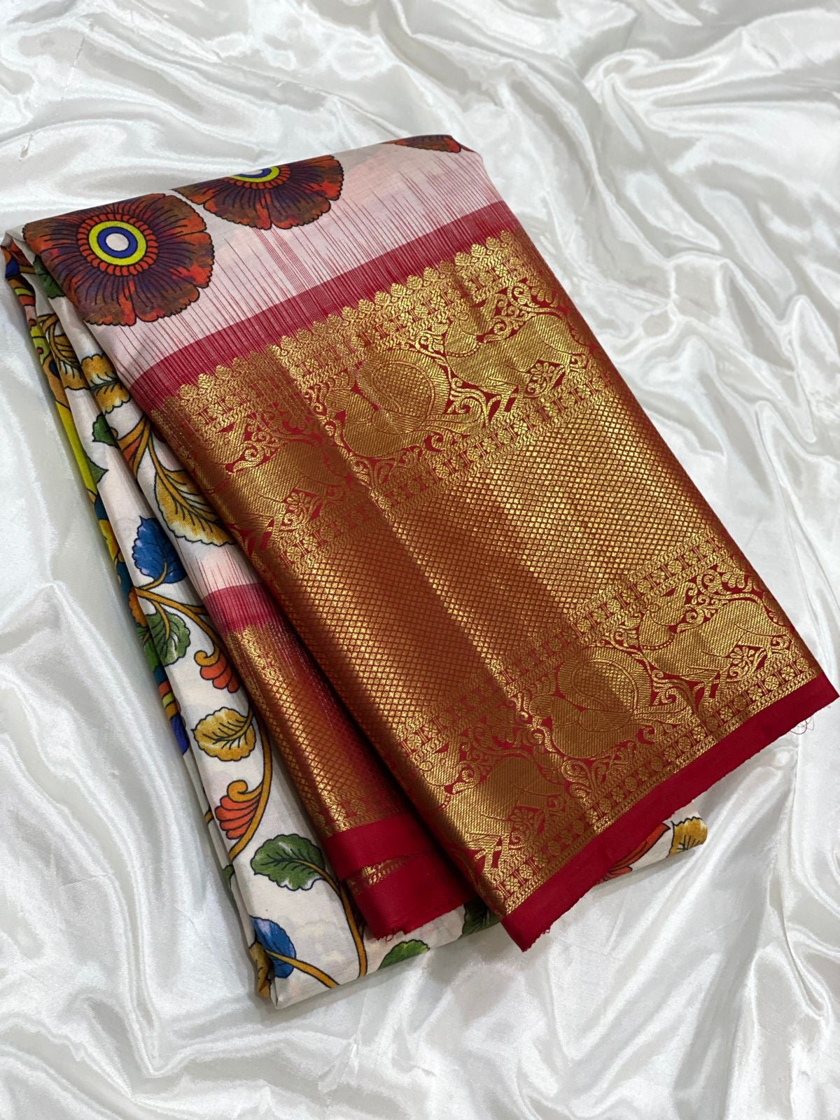 Classic Butter Cream & Chilly Red Kalamkari Digital Print Bridal Elegance Kanchipuram Handloom Silk Saree SS23910