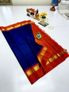 Classic Royal Blue & Orange Double Warp Elegance Handloom Soft Silk Saree SS23694