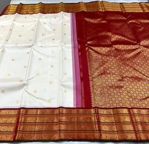 Classic Butter Cream & Barn Red 2gm Zari Bridal Elegance Kanchipuram Handloom Silk Saree SS25460