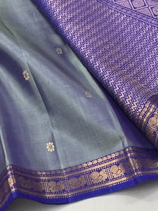 Classic Silver Grey Double Toned & Royal Blue 2gm Zari Kanchipuram Handloom Silk Saree SS26390