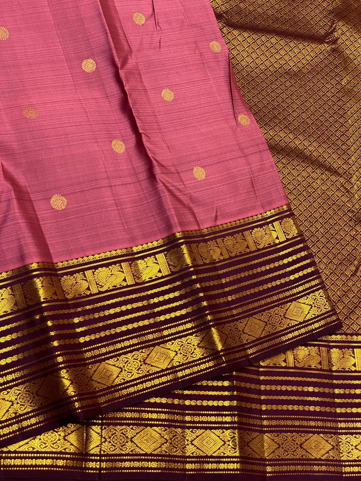 Clasic Sark Rose & Chocolate Brown 2gm Zari Elegance Kanchipuram Handloom Silk Saree SS24700