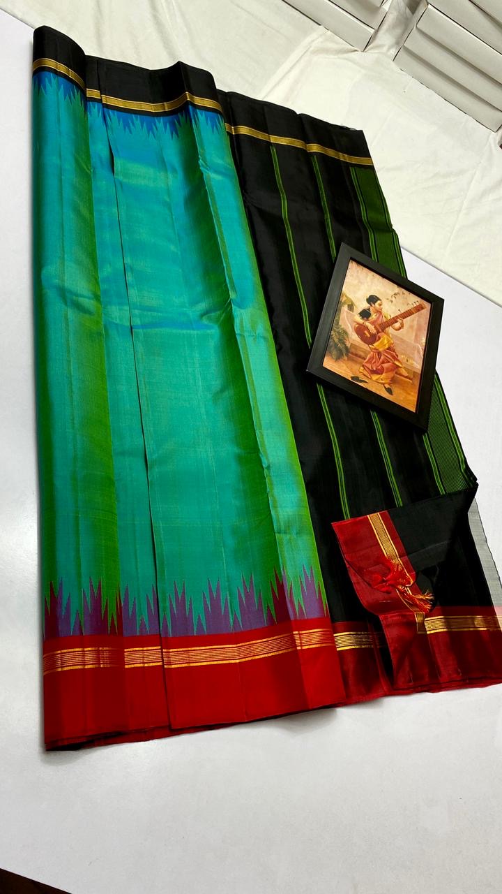Classic Sea Green & Red Black Korvai Kanchipuram Handloom Silk Saree SS25886