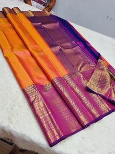 Classic Orange & Fuchsia Purple 1gm Zari Elegance Kanchipuram Handloom Silk Saree SS24343