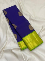 Load image into Gallery viewer, Classic Royal Blue &amp; Spring Lime Green 1gm Zari Butta Korvai Elegance Kanchipuram Handloom Silk Saree SS27556
