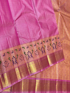 Classic Onion Pink 2gm Zari Paithani Vaira Oosi Checks Kanchipuram Handloom Silk Saree SS26506