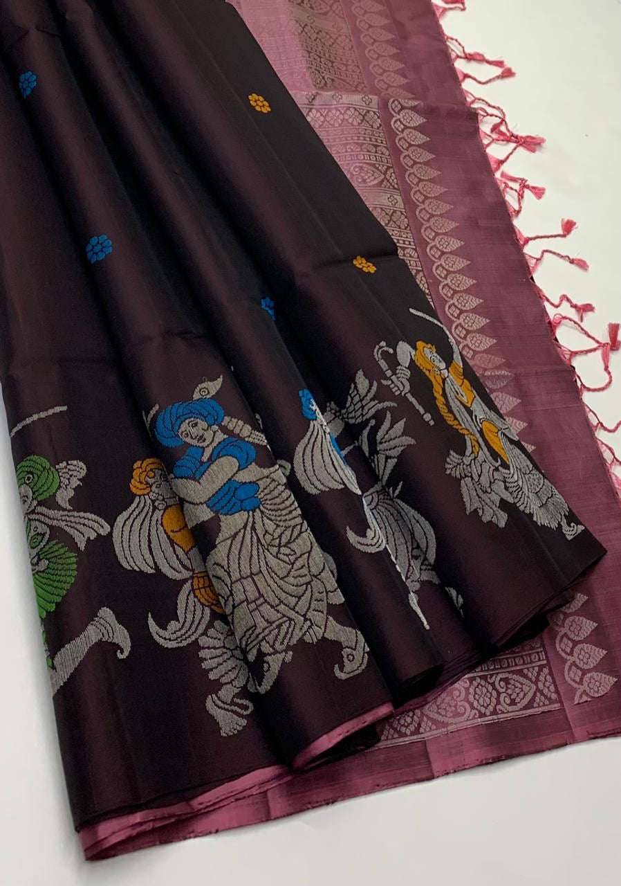 Classic Chocolate & Nude Pink Elegance Handloom Soft Silk Saree SS26125