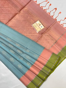 Classic Ice Blue & Peach Green Double Warp Elegance Handloom Soft Silk Saree SS23216