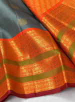 Load image into Gallery viewer, Classic Grey &amp; Fiery Orange 2gm Zari Bridal Elegance Kanchipuram Tissue Handloom Silk Saree SS24768
