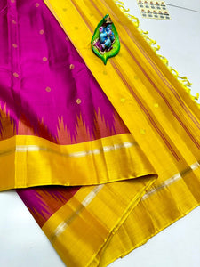 Classic Magenta & Sunny Yellow 2gm Zari Elegance Kanchipuram Handloom Silk Saree SS23706