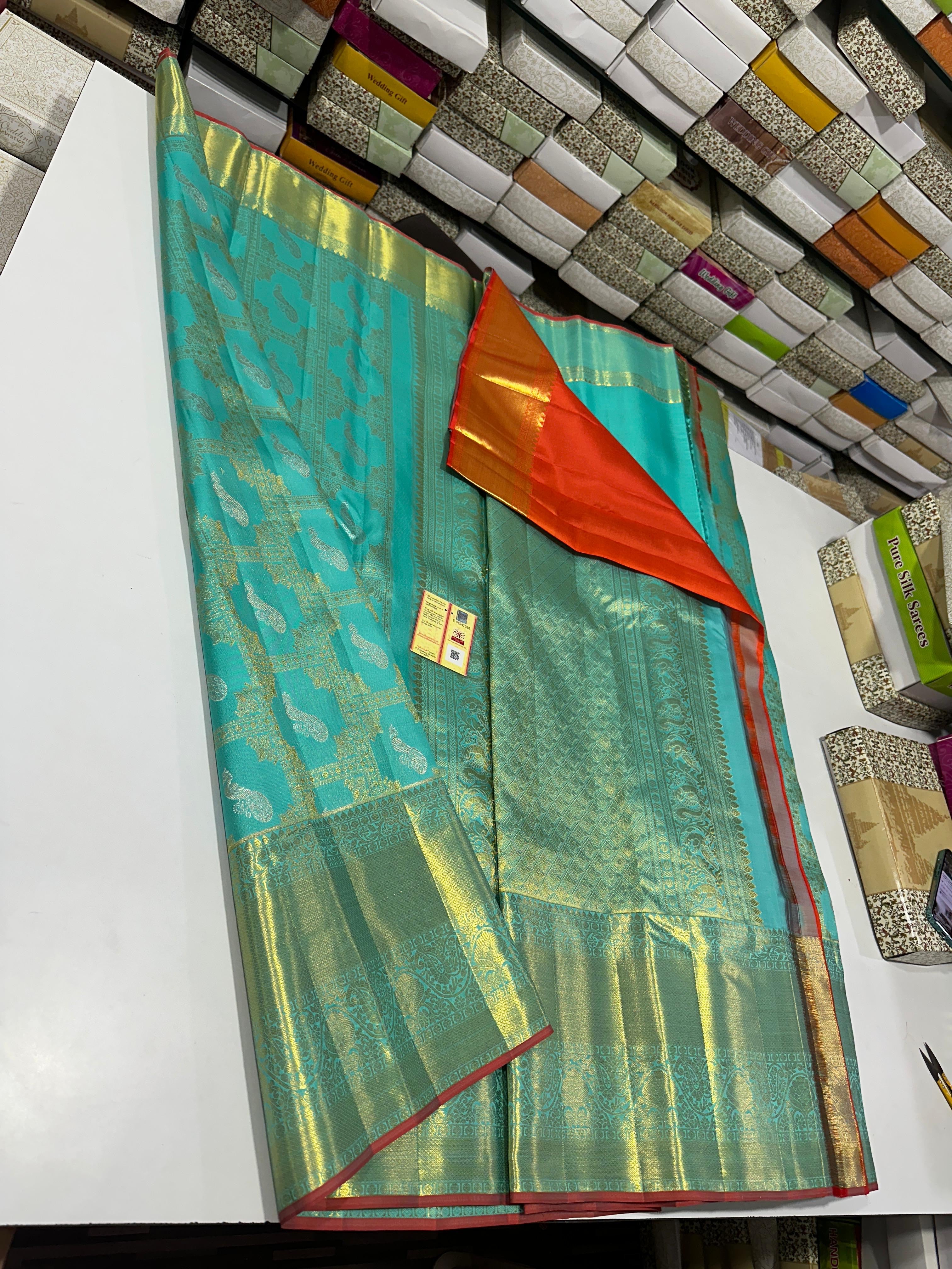 Classic Aqua & Orange Brocade Bridal Elegance Kanchipuram Tissue Handloom Silk Saree SS23726