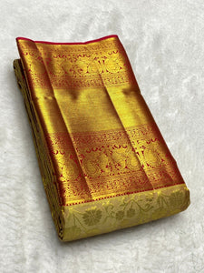 Classic Golden Mustard & Brick Red 2gm Zari Bridal Elegance Kanchipuram Handloom Silk Saree SS25356