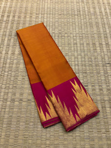 Classic Mustard Orange & Ruby Red 1gm Zari Korvai Elegance Kanchipuram Handloom Silk Saree SS23666