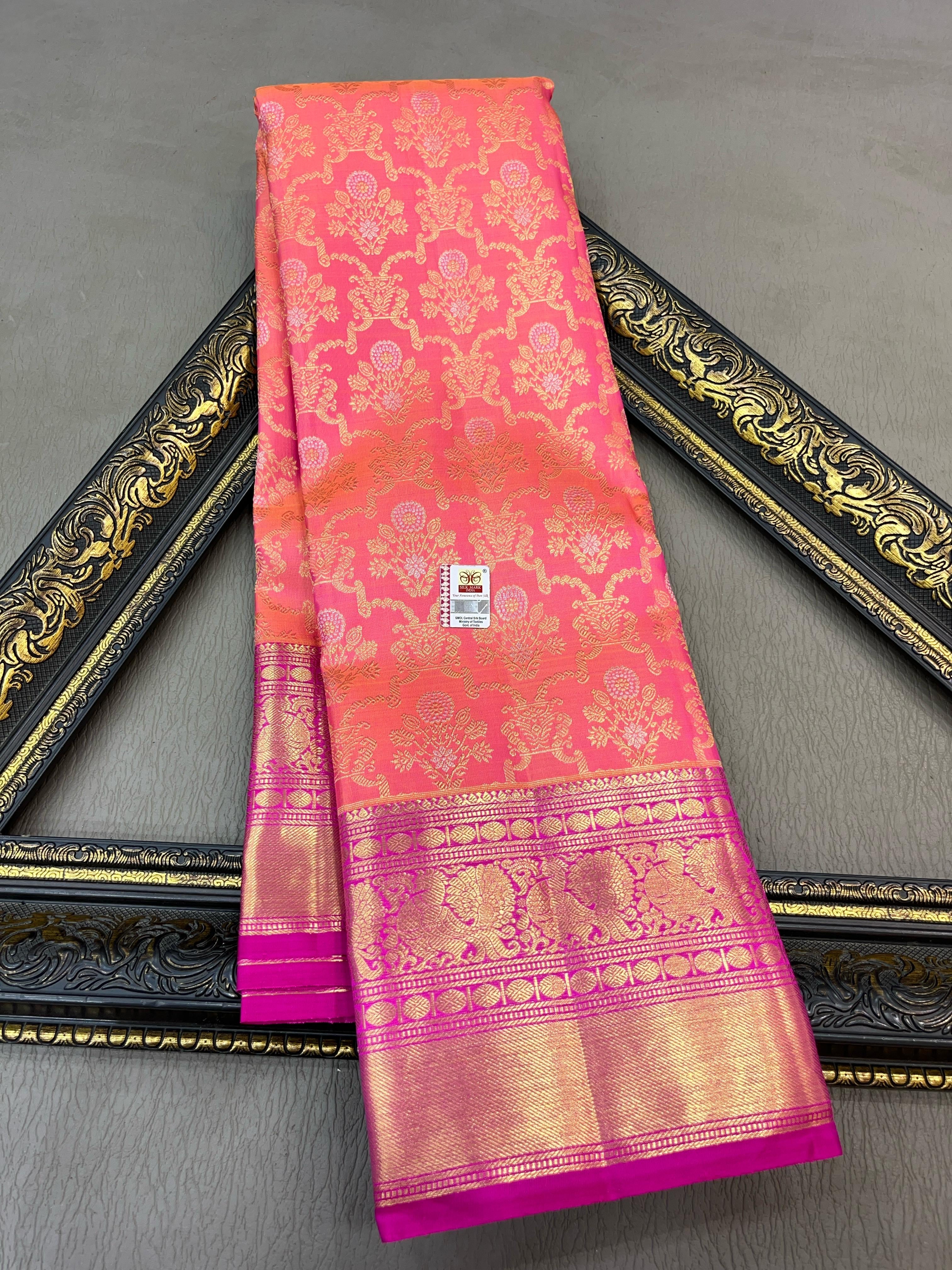 Classic Peachy Orange & Wine Bridal Elegance Kanchipuram Handloom Silk Saree SS24590