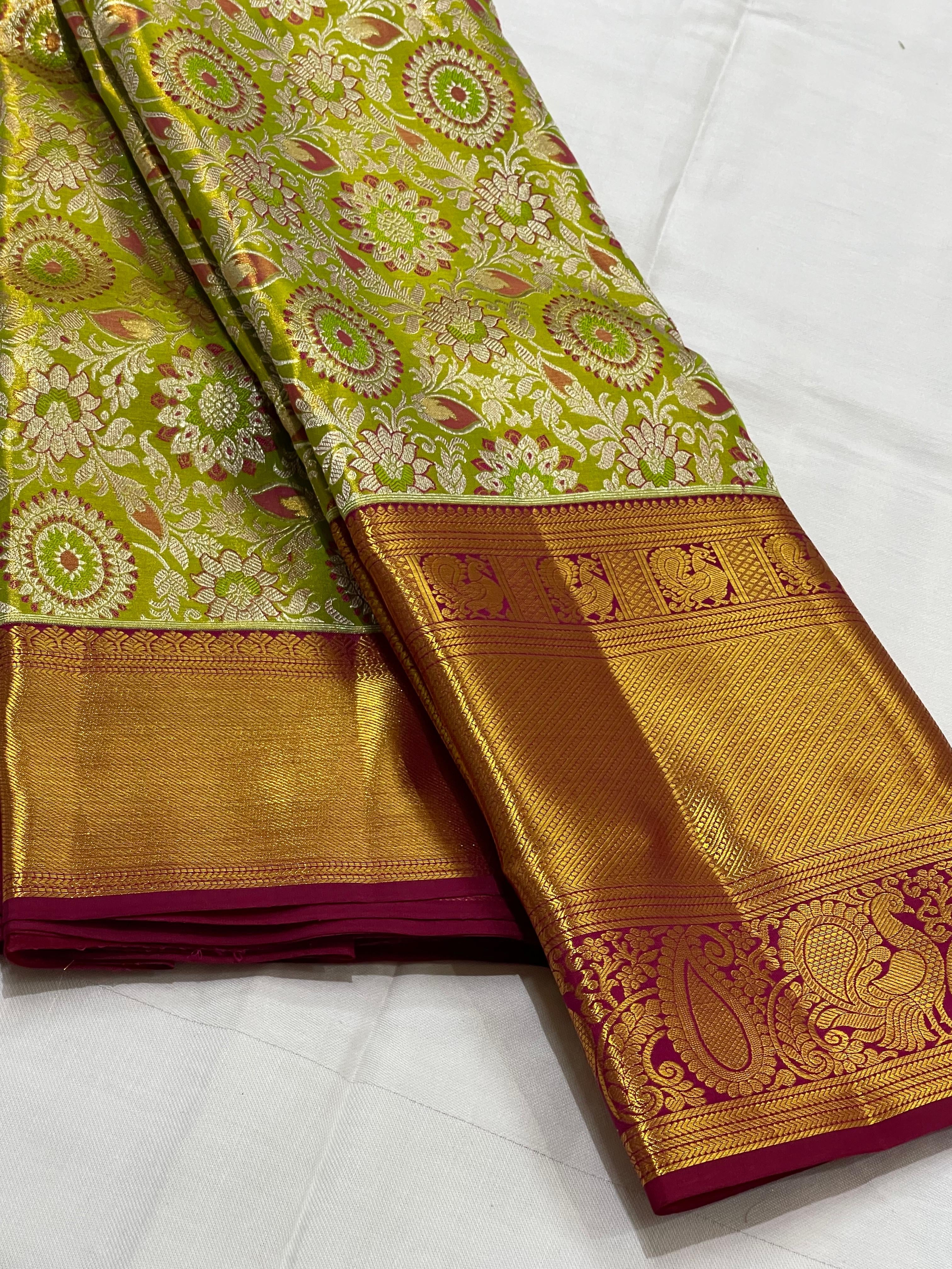 Classic Olive Green & Barn Red 2gm Zari Brocade Bridal Elegance Kanchipuram Handloom Silk Saree SS23642