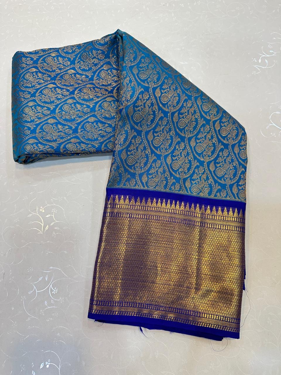 Classic Azure Blue & Royal Blue Elegance Kanchipuram Handloom Silk Saree SS24703