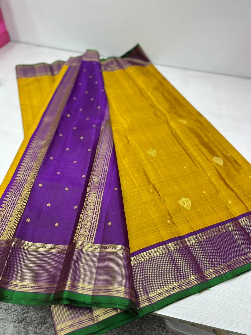 Classic Mustard Yellow & Violet 2gm Zari Kanchipuram Handloom Silk Saree SS25994