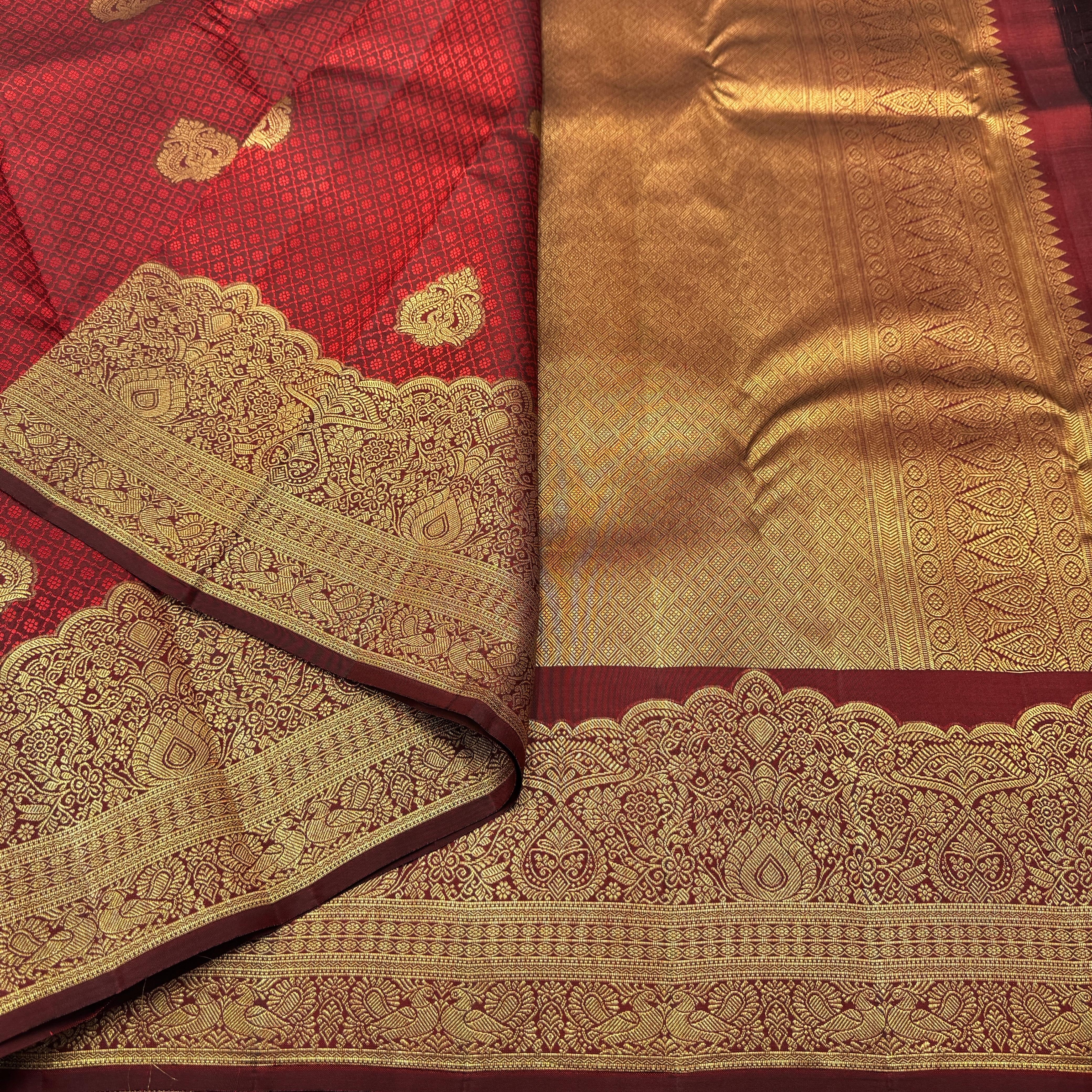 Classic Burnt Orange 2gm Zari Temple Bridal Elegance Kanchipuram Handloom Silk Saree SS26585