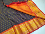 Load image into Gallery viewer, Classic Shadow Black &amp; Orange Elegance Kanchipuram Handloom Silk Saree SS27983
