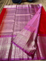 Load image into Gallery viewer, Classic Carmine Red &amp; Blush Pink Elegance Kanchipuram Handloom Silk Saree SS28434
