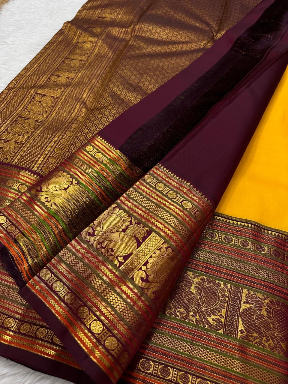 Classic Mango Yellow & Plum 2gm Zari Elegance Kanchipuram Handloom Silk Saree SS23738