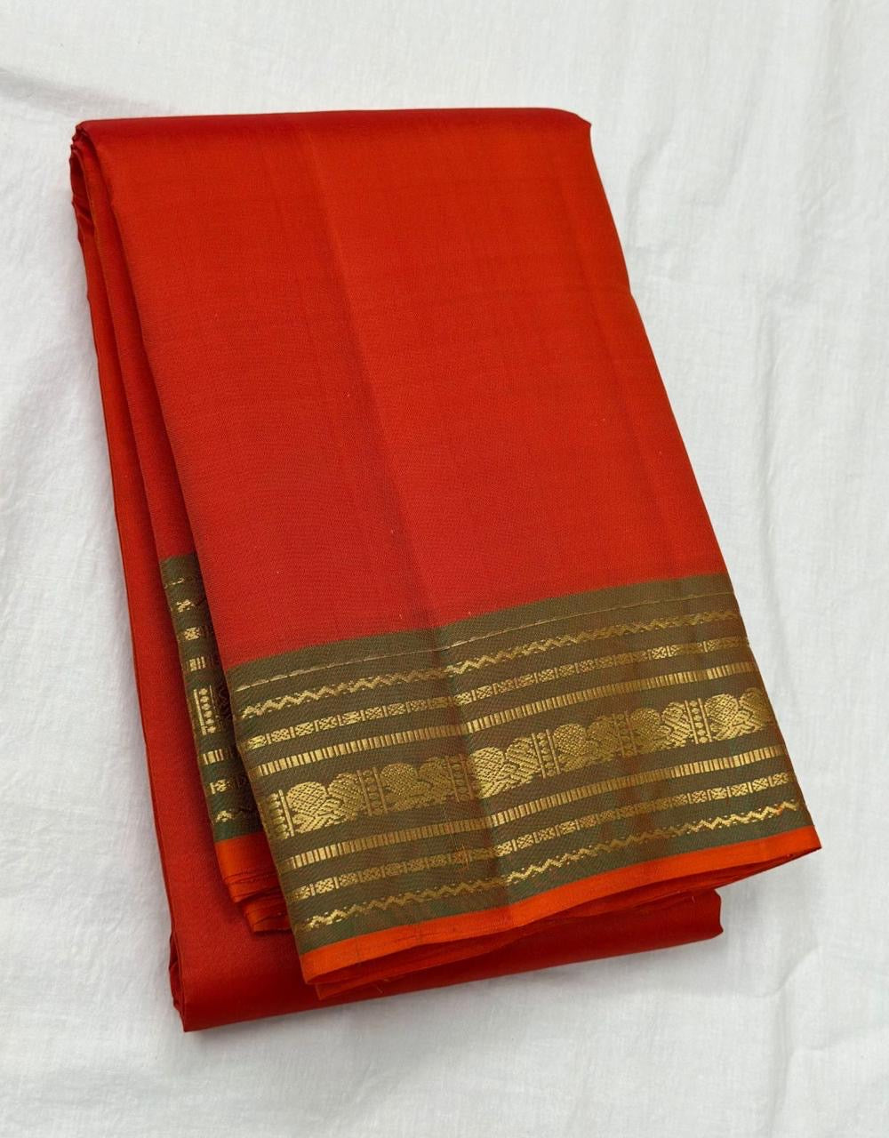 Classic Fiery Orange & Brownish Green 1gm Zari Elegance Kanchipuram Handloom Silk Saree SS24735