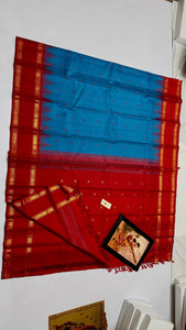 Classic Azure Blue & Crimson Red Korvai Kanchipuram Handloom Silk Saree SS25884