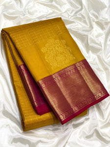 Classic Mustard Yellow & Pink 2gm Zari Vaira Oosi Checks Elegance Kanjivaram Handloom Silk Saree SS23404