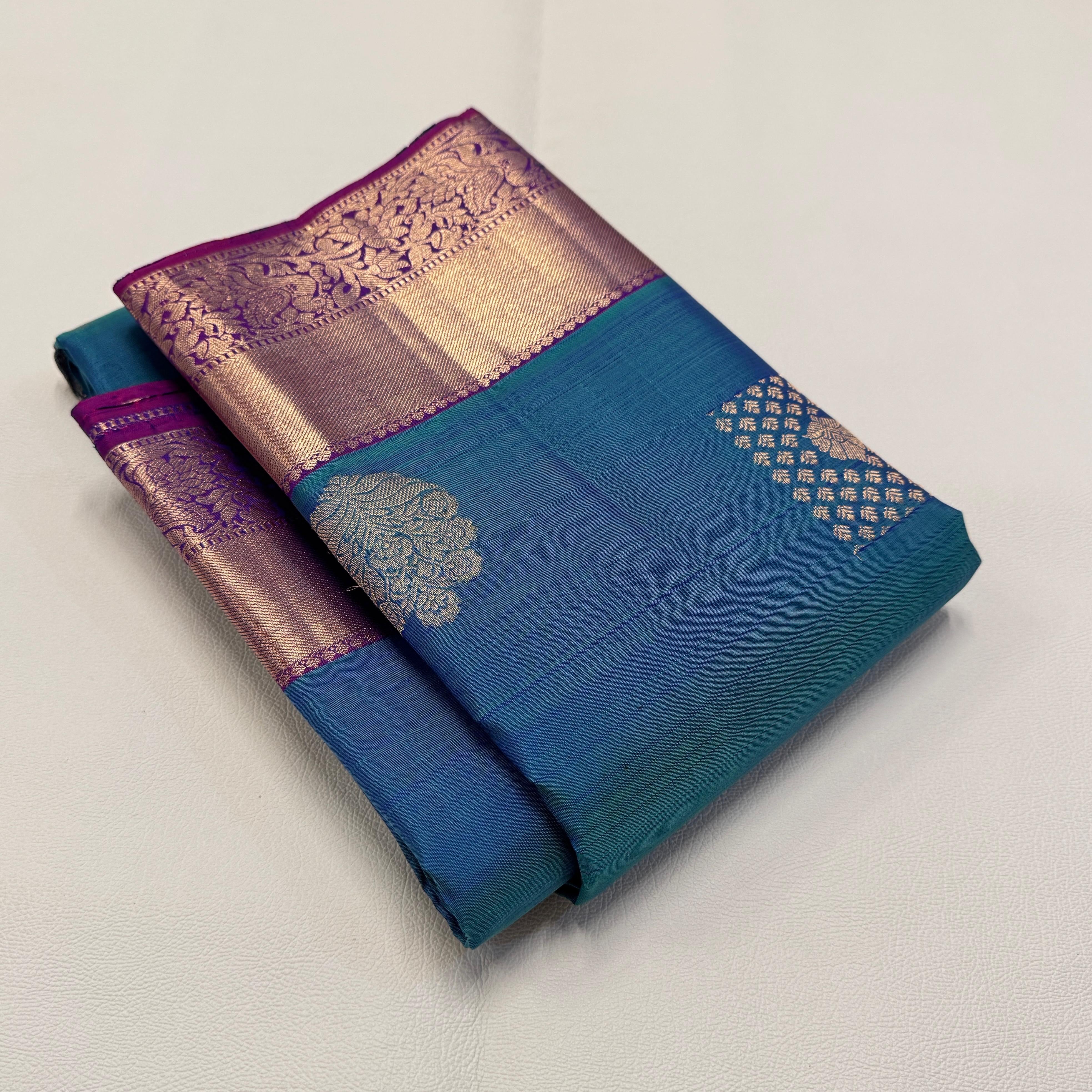 Classic Peacock Blue & Deep Pink Elegance Kanchipuram Handloom Silk Saree SS23592