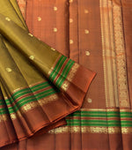 Load image into Gallery viewer, Classic Mustard &amp; Creamy Brown 1gm Zari Elegance Kanchipuram Handloom Silk Saree SS24139
