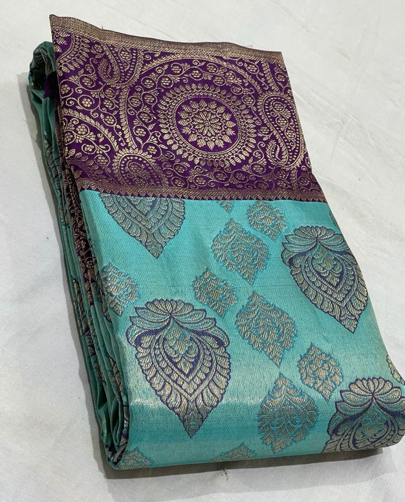Pastel Cerulean Blue & Berry Purple Designed 1gm Zari Bridal Elegance Kanchipuram Handloom Silk Saree SS19596