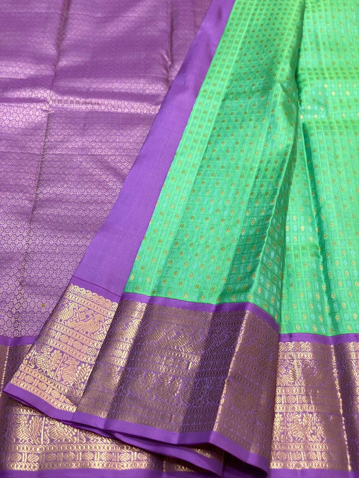 Classic Sea Green & Lavender 1gm Zari Kanchipuram Handloom Silk Saree SS25807
