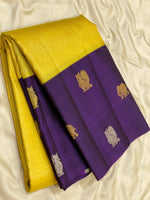 Load image into Gallery viewer, Classic Sunny Yellow &amp; Violet 2gm Zari Vaira Oosi Checks Kanchipuram Handloom Silk Saree SS26327
