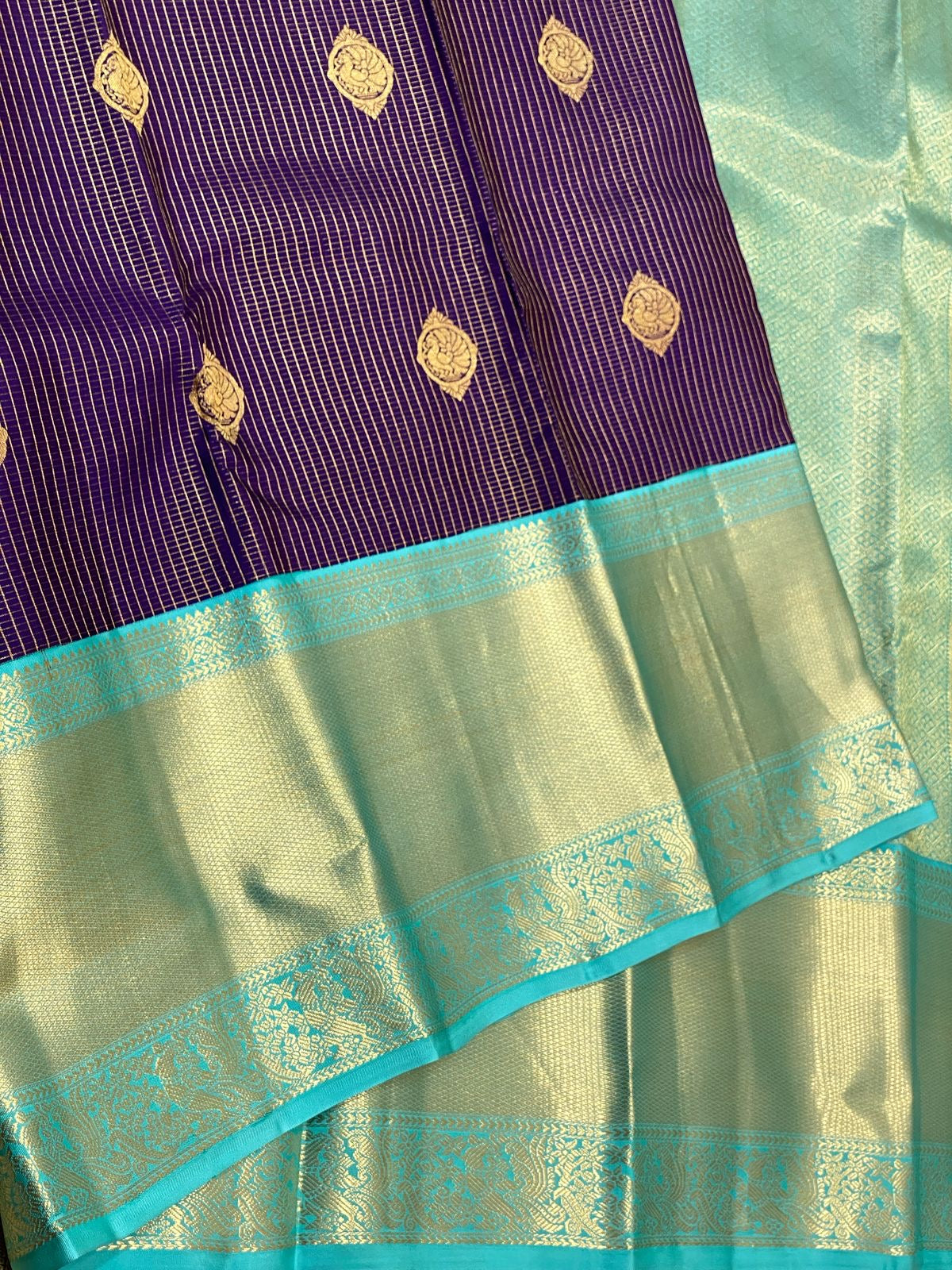 Classic Berry Purple & Turquoise 1gm Zari Bridal Elegance Kanchipuram Handloom Silk Saree SS25270