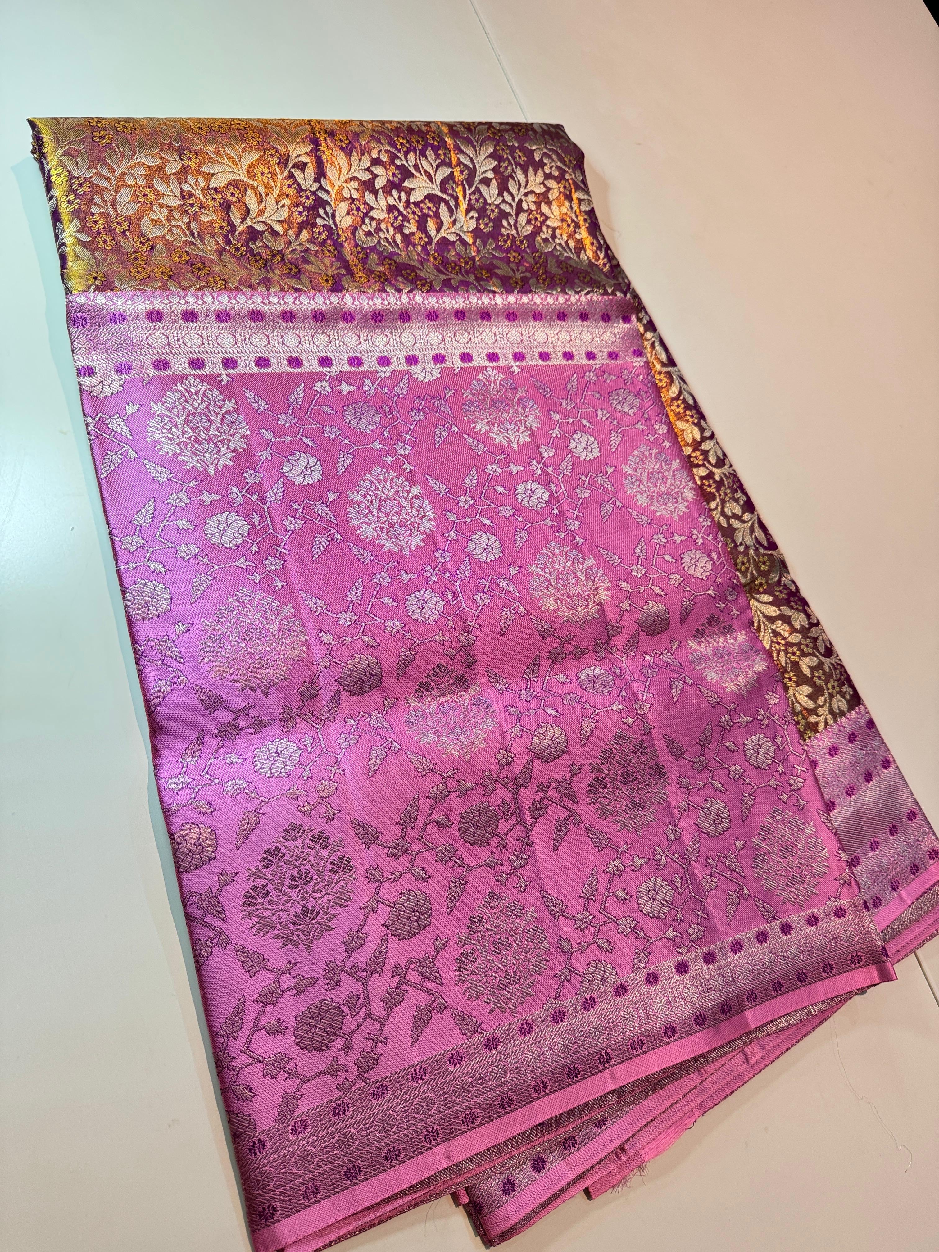Classic Golden Vadamalli & Creamy Pink 4D Handmade Brocade Meenakari Designed Bridal Elegance Kanchipuram Handloom Silk Saree SS25405