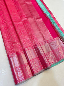 Classic Rose & Pastel Aqua 2gm Zari Bridal Elegance Kanchipuram Handloom Silk Saree SS24364