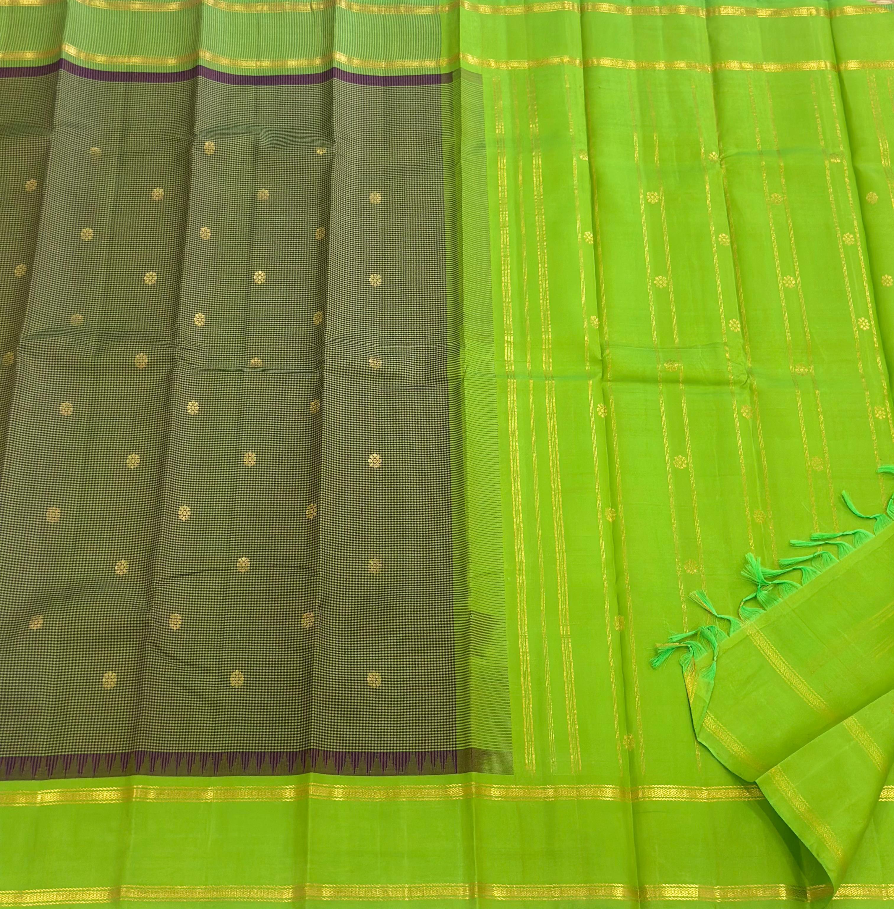 Classic Olive Green & Lime Green 1gm Zari Kanchipuram Handloom Silk Saree SS26393